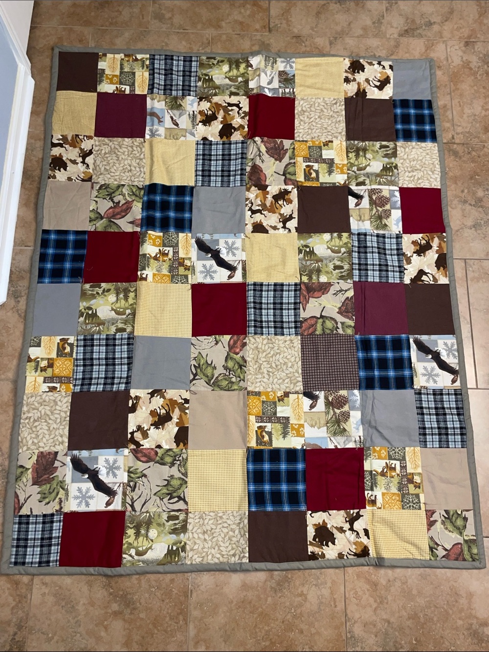 Handmade Lap Throw Autumn Wildlife Eagle Rustic Quilt or Wall Hanging 71x56”
